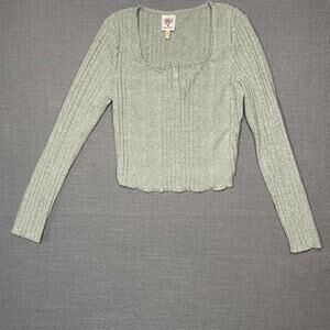 Cropped Henley Juniors Long Sleeve Green Ribbed Shirt Size M Y2K 90s